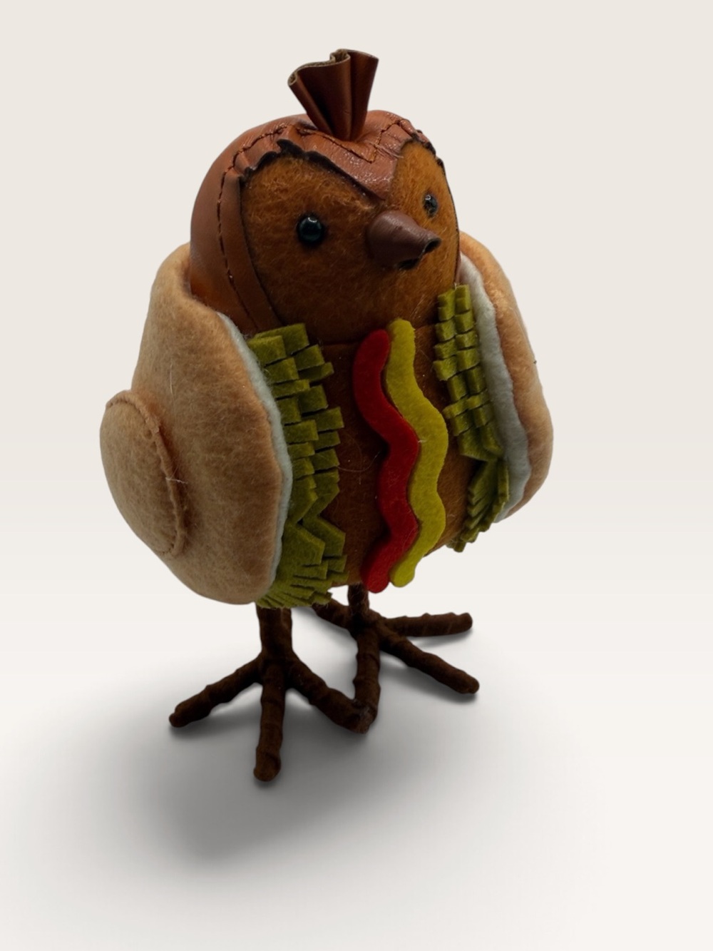 Spritz Tan and Brown Felt Bird with Red and Yellow Chest Hot Dog Accents